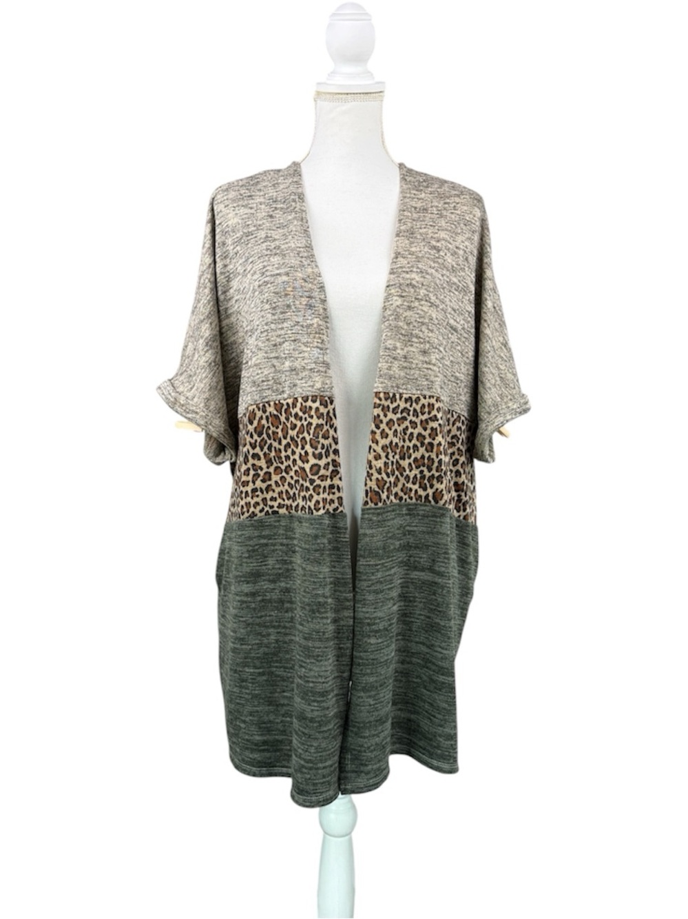 Umgee Leopard Print Color Block Knit Cardigan Sweater